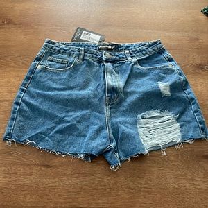 Pretty Little Things Mid Blue Was Distressed Denim Mom Short